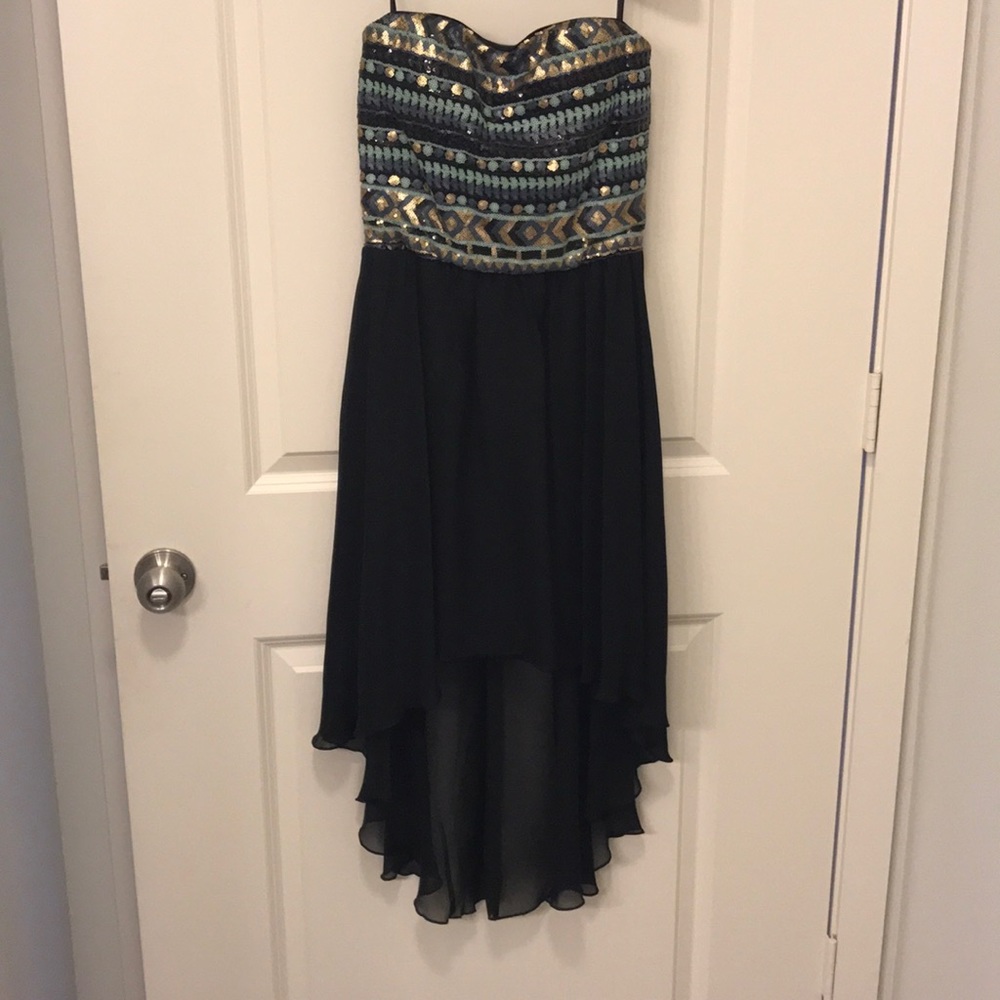 Sequin strapless chiffon high-low dress